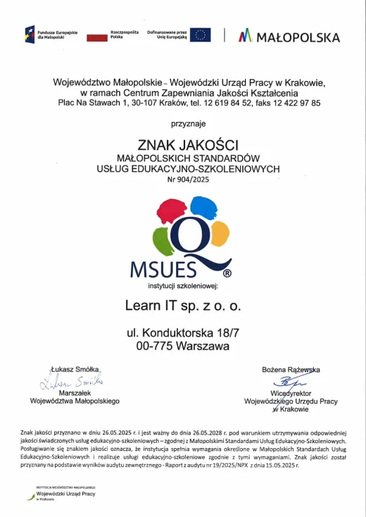 Certyfikat Znaku Jakości MSUES nr 904/2025 przyznany Learn IT sp. z o.o.