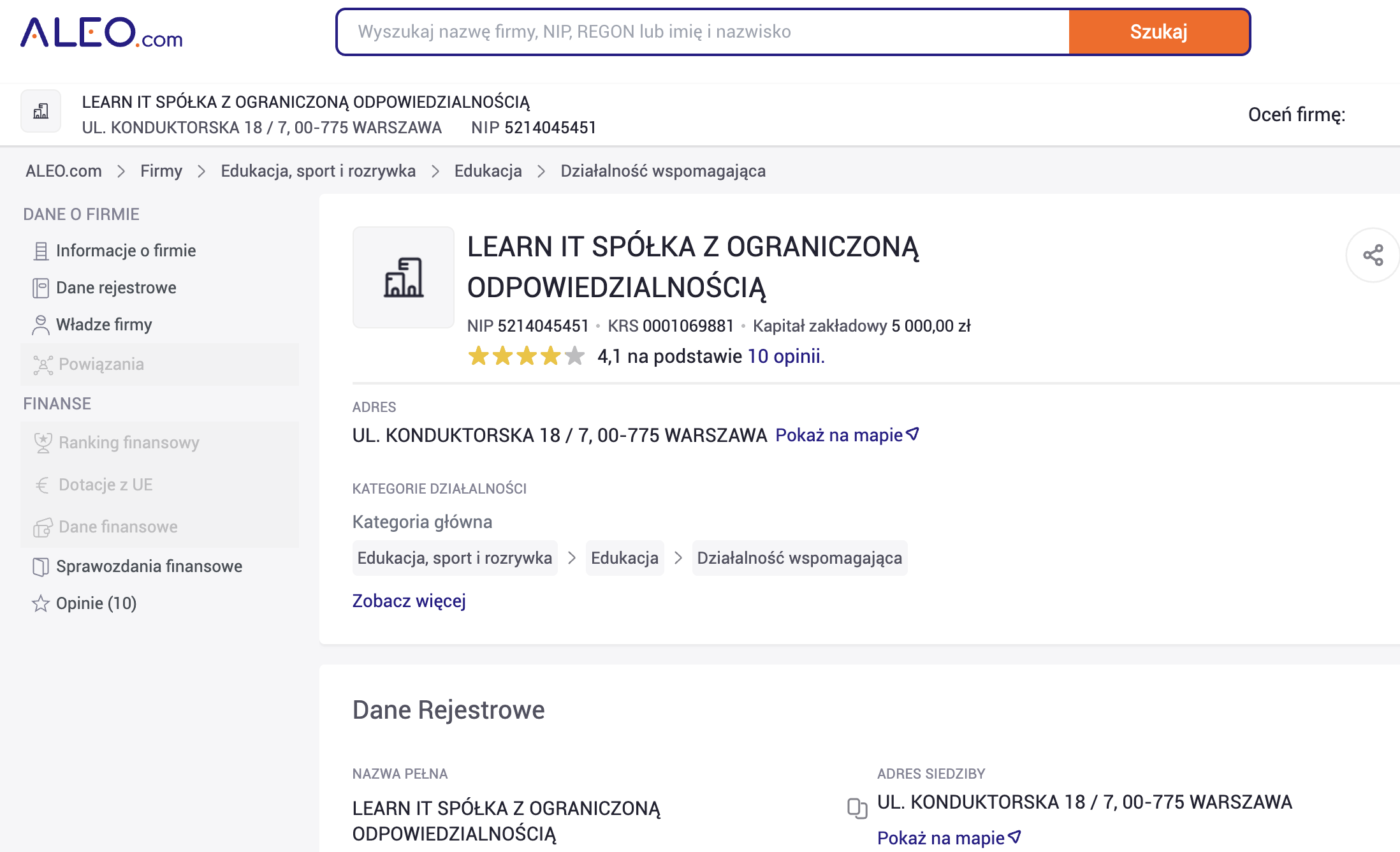Zrzut ekranu oceny LearnIT na Aleo: 4,1/5