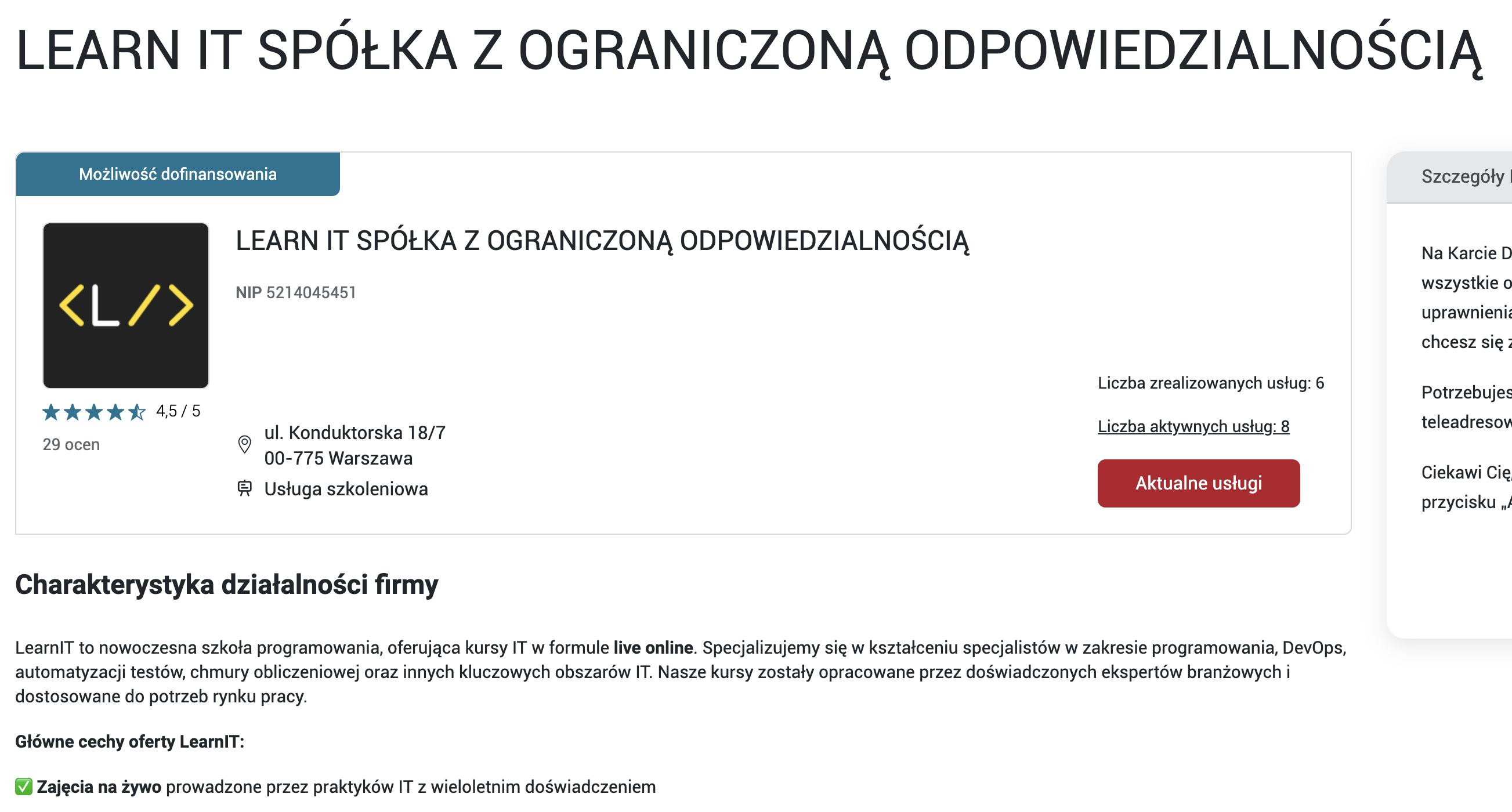 Zrzut ekranu oceny LearnIT w Bazie Usług Rozwojowych (PARP): 4,5/5, 29 ocen