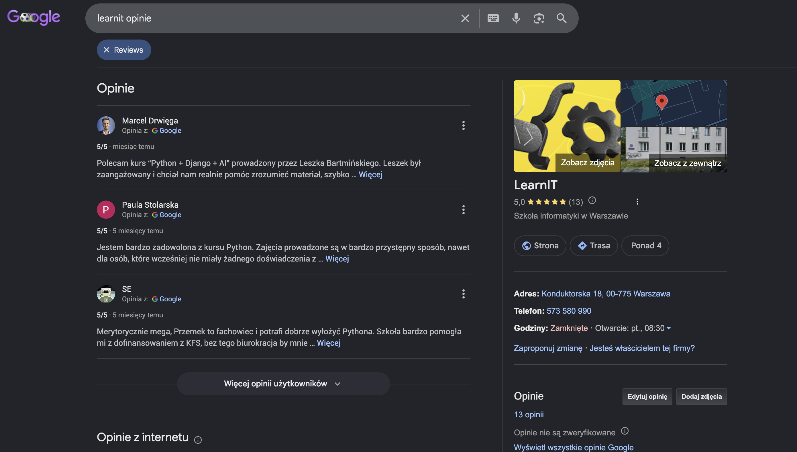 Zrzut ekranu wizytówki Google LearnIT: 5,0 ★, 10 opinii