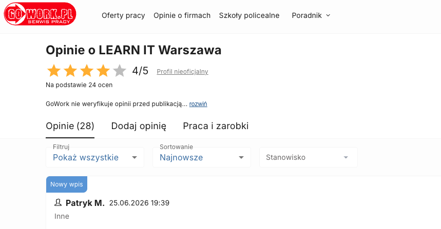 Zrzut ekranu oceny LearnIT na GoWork: 3,9/5